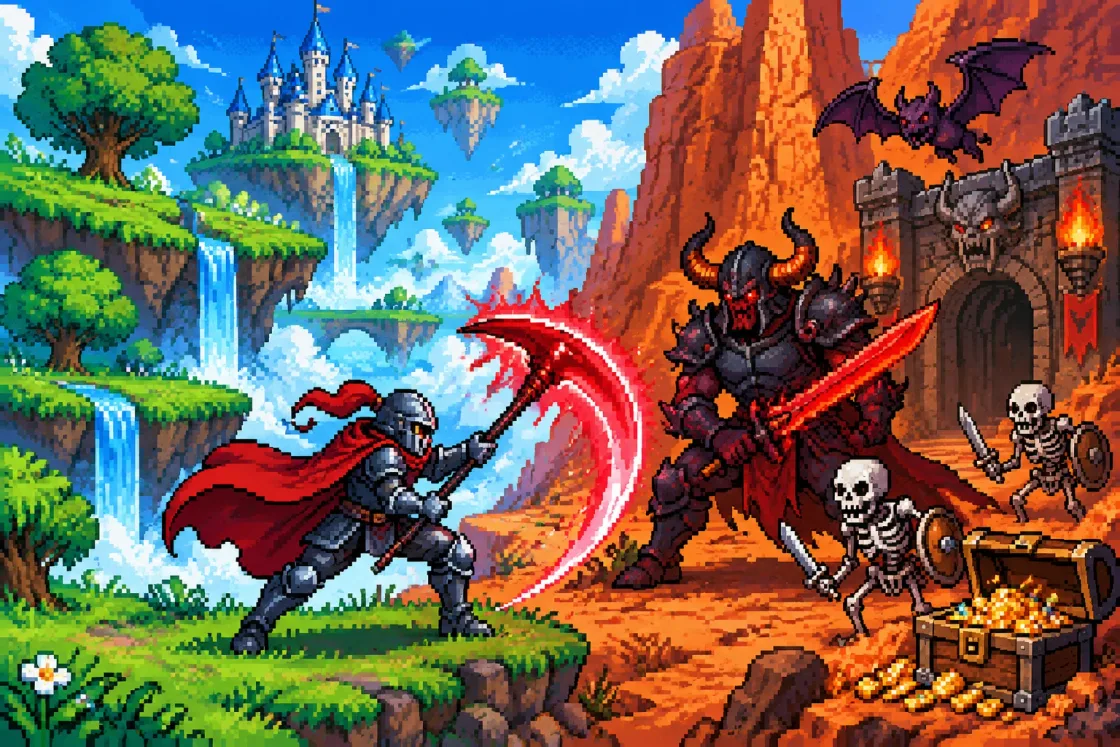Pixel Blade fan illustration of a knight with a red scythe, a horned opponent, floating islands and a desert gate