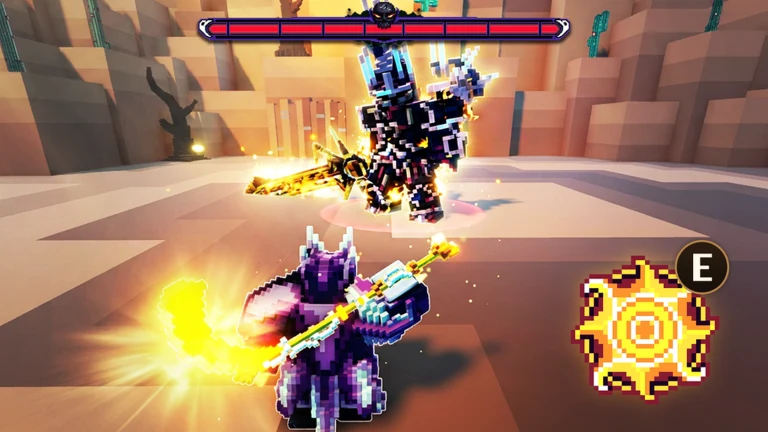 Official Pixel Blade image of a player with a golden weapon facing an opponent in a desert arena