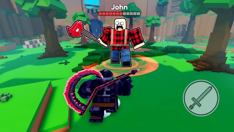 Official Pixel Blade image of a player facing John on grassland